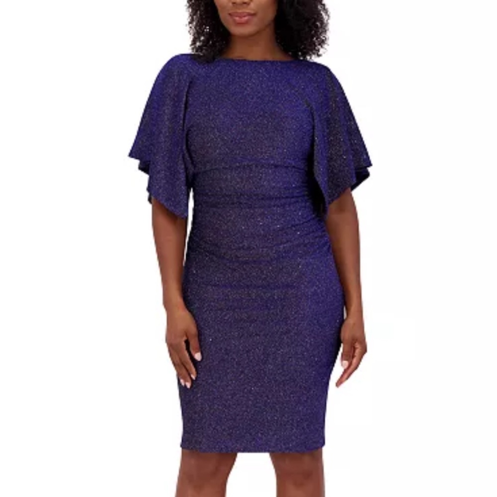 Jessica Howard Glittered Metallic Ruched Sheath Navy Flutter Sleeves Dress 14